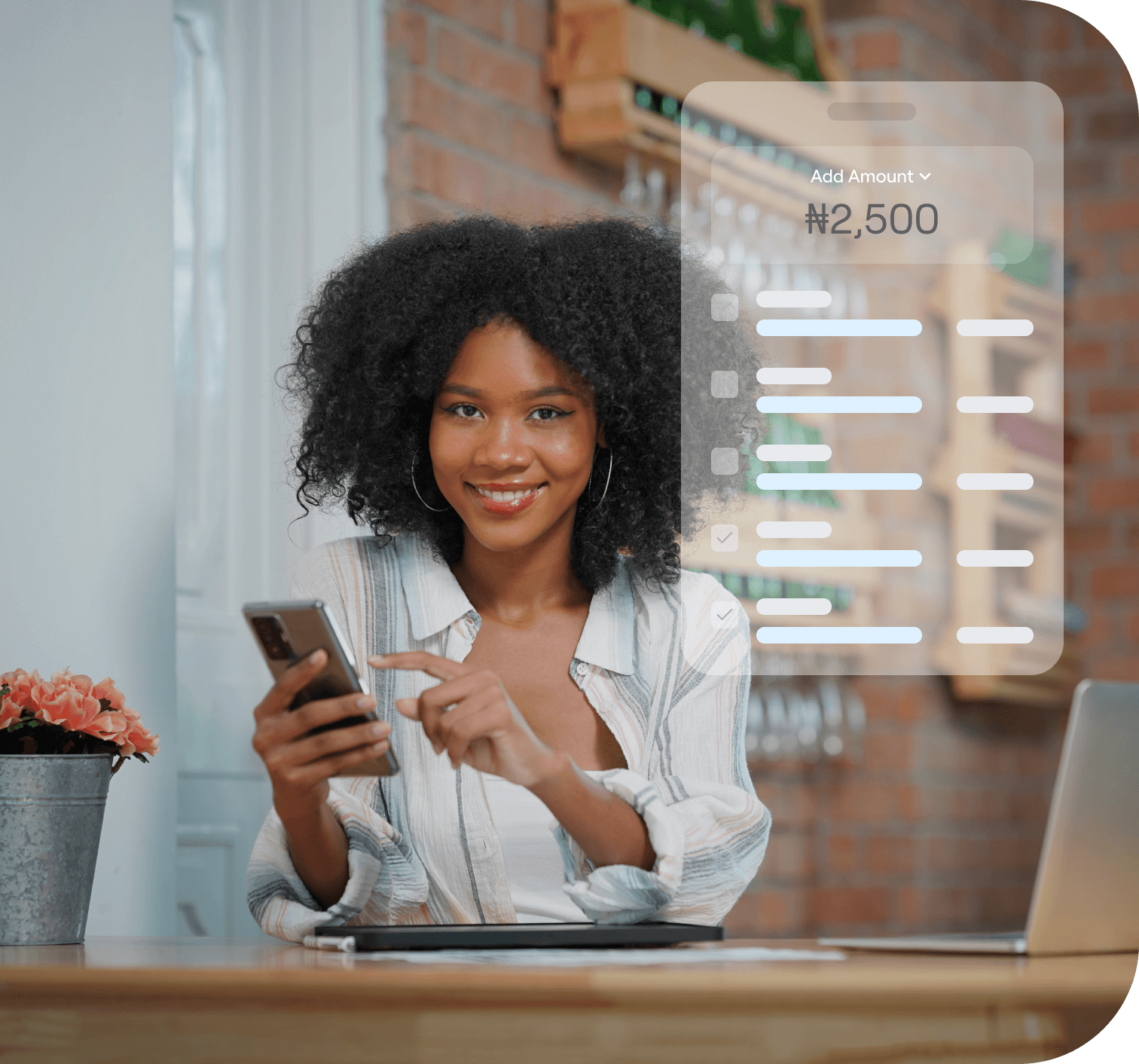 African lady with her phone and a business website illustration